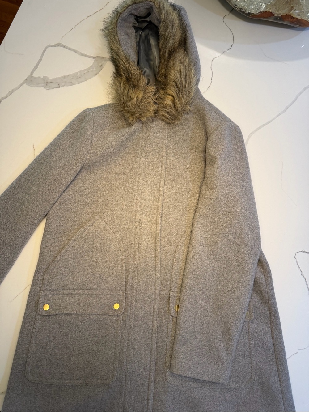 J. Crew Light Gray Wool Blend Hooded Trench Coat with Faux Fur Trim
